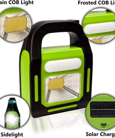 Solar rechargeable 3-in-1 emergency light with LED work light, torch, and power bank functionality.