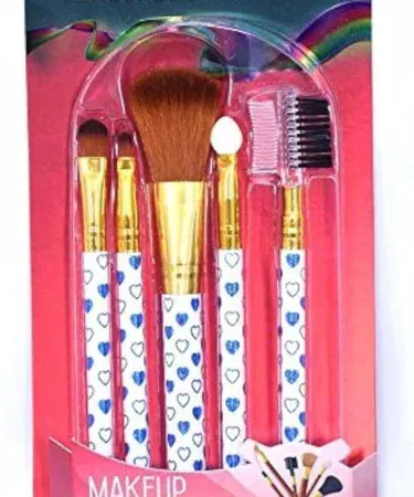 Portable 5 Piece Makeup Brush Set for women, ideal for blush, eye shadow, foundation, and lipstick application.