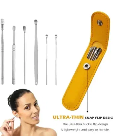 Pack of 6 stainless steel ear wax cleaning kit with leather case sold in Pakistan