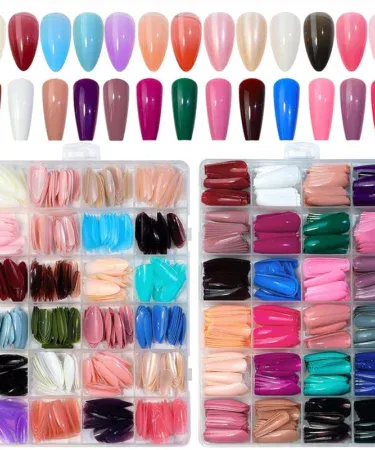 576 piece coffin shape press on nail collection with medium length full cover tips in 24 solid colors for nail art.