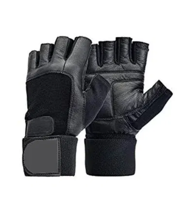 Black leather gym wrist wrap lifting gloves for men, providing wrist support during workouts.
