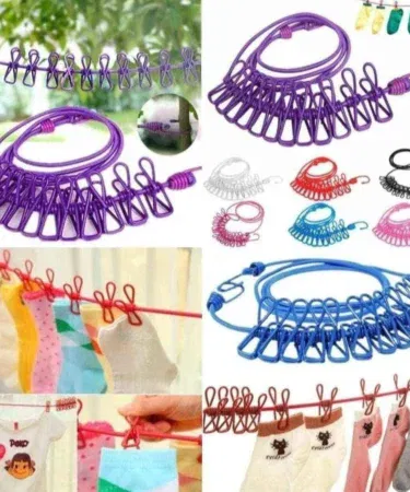 Portable 12 clip heavy duty clothes drying rope with strong clips for indoor outdoor use in Pakistan