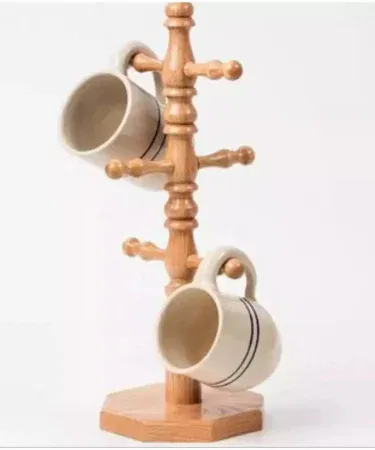 Wooden cup holder stand tree for 6 cups, durable and stable, perfect for kitchen organization in Pakistan.