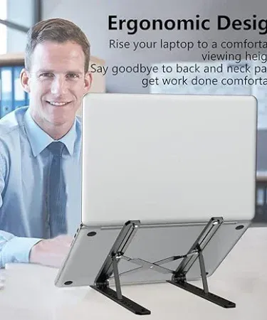 Adjustable folding portable laptop stand for desk and office use, lightweight and durable.