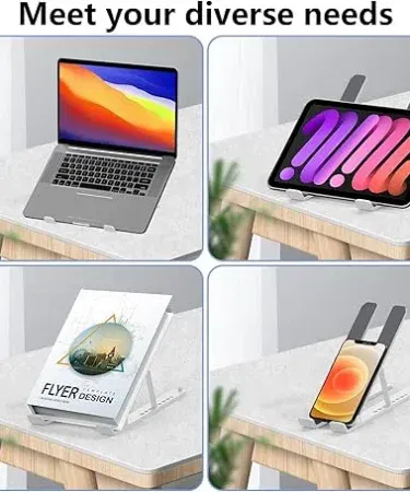 Adjustable folding portable laptop stand for desk and office use, lightweight and durable.
