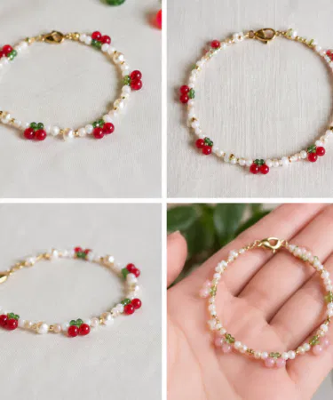 Cute handmade cherry beaded bracelet with fruit charm, perfect for women in Pakistan.