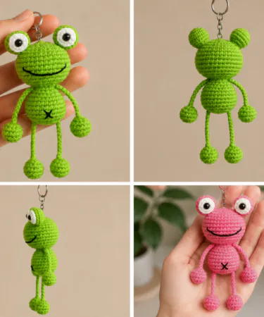 Handmade green frog crochet keychain, cute amigurumi frog charm for bags and keys.
