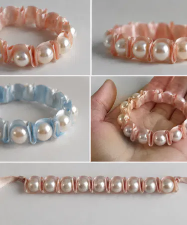 Handmade beads and ribbon bracelet, elegant adjustable wrist accessory for women, sold in Pakistan