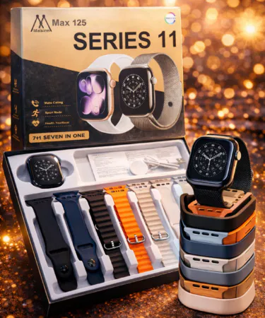 7 in 1 Ultra Smart Watch Series 11 with Bluetooth calling and wireless earbuds, compatible with Android and iOS.