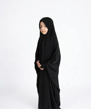 Kids Iraqi Chadar Abaya for girls made of premium Nida fabric with attached hijab, available in Pakistan.
