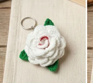 Handmade crochet white rose keychain, cute knit flower bag charm and key ring, perfect gift.