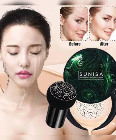Air cushion CC cream foundation with mushroom applicator for seamless blending, full coverage, and even tone finish, sold in Pakistan.