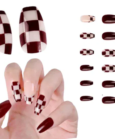 Maroon and pink press-on false nails for girls with glue, sold in Pakistan