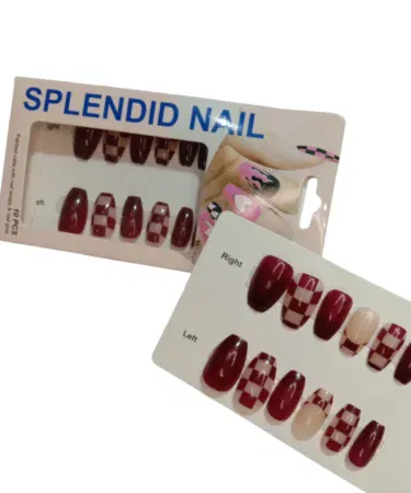 Maroon and pink press-on false nails for girls with glue, sold in Pakistan