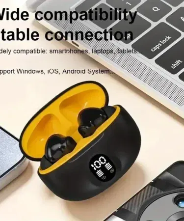 Stereo wireless earbuds with Bluetooth 5.2, HD sound, touch control, and long battery life.