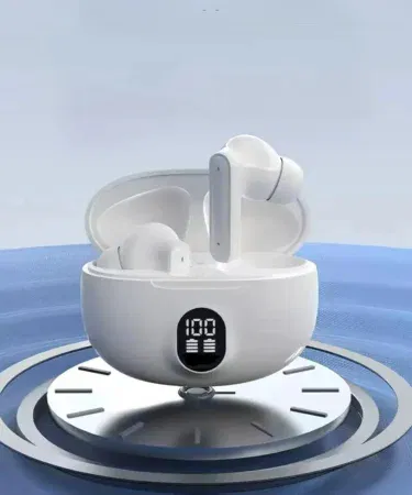 Stereo wireless earbuds with Bluetooth 5.2, HD sound, touch control, and long battery life.