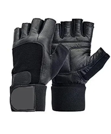 Black leather gym wrist wrap lifting gloves for men, providing wrist support during workouts.