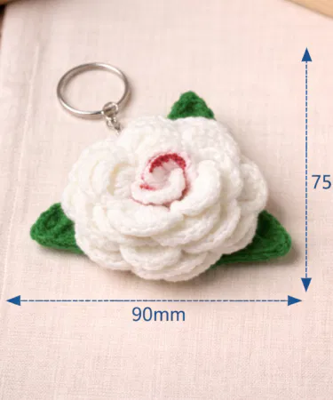 Handmade crochet white rose keychain, cute knit flower bag charm and key ring, perfect gift.