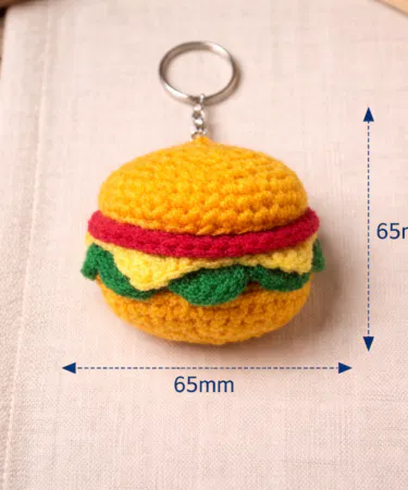 Handmade crochet burger keychain, cute amigurumi hamburger bag charm and key ring for sale in Pakistan.
