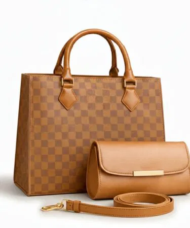 Checkered handbag set for women in Pakistan with inner zip, big pocket, long strap, and hand pouch.