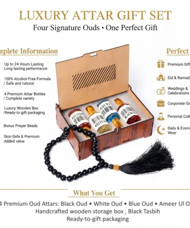 Luxury Oud Attar Gift Set for Men with Black, White, Blue Oud, Ameer Ul Oud, Tasbih, Wooden Box