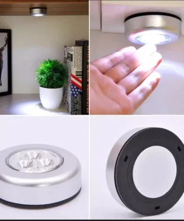 Wireless LED puck light, stick-anywhere, portable, battery-operated, low white light, for cabinets, hallways, bathrooms, bedrooms, kitchens