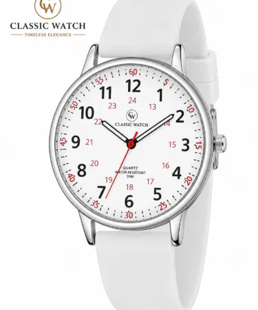 Classic white minimalist quartz watch with Arabic numerals and silicone strap for men and women sold in Pakistan