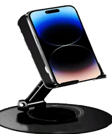 Hands-free foldable metal phone stand for study, YouTube, and video calls, black, unisex, sold in Pakistan.