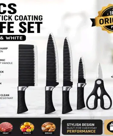 6-piece black and white non-stick stainless steel knife set with peeler and scissors for sale in Pakistan