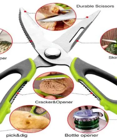 Heavy duty stainless steel kitchen shears with TPR grip and bottle opener, 230mm, sold in Pakistan