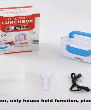 Portable 40W electric lunch box food heater with insulated bag and spoon, ideal for travel in Pakistan.