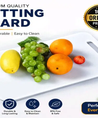 Premium BPA-Free white plastic cutting board, durable, non-slip, easy to clean, for meat, fruits, vegetables.