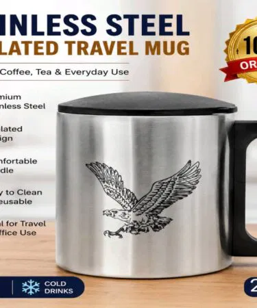 Stainless steel insulated travel mug with handle and lid, 220ml capacity, random color, unisex, sold in Pakistan.