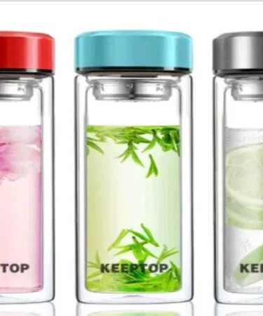 Premium double wall glass water bottle with stainless steel tea strainer, 300ml, unisex, sold in Pakistan