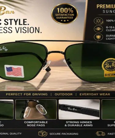 Ray-Ban style black metal aviator sunglasses with green G-15 lens, UV400 protection, unisex, sold in Pakistan