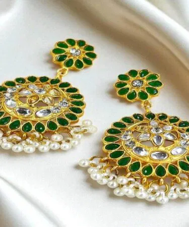 Royal Emerald Chandbali Drop Earrings with Pearl Accents | Khareedo
