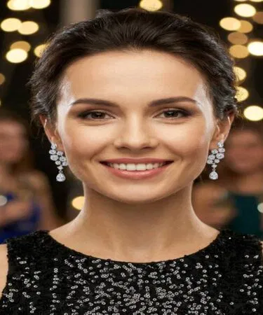 Imported teardrop dangling statement earrings with cubic zirconia, silver plated alloy, for women in Pakistan.