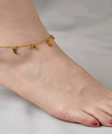 Chic golden monogram charm anklet with crystal accents, adjustable, stainless steel, imported, sold in Pakistan