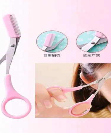 Pink stainless steel eyebrow scissors with comb for women sold in Pakistan