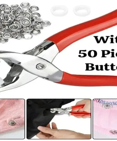 Snap button tool kit with 50 assorted metal buttons for fabric crafting, random color, sold in Pakistan