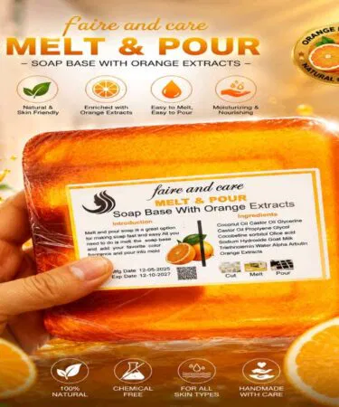 Faire & Care transparent melt & pour soap base with orange extracts, 500g, for all skin types.