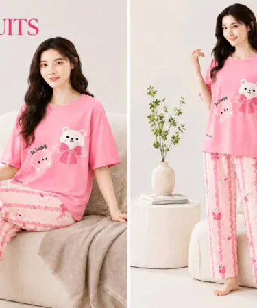 Women's comfortable pink cotton printed night suit with teddy bear print for sale in Pakistan