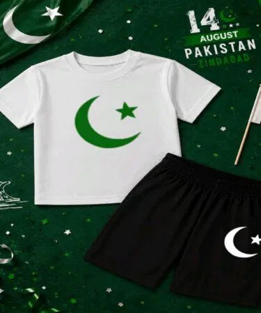 Kids 14th August Pakistan Independence Day T-Shirt and Shorts Set in White and Black