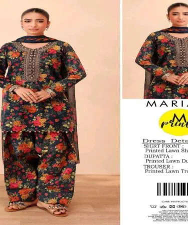 Maria B inspired black floral printed lawn 3-piece unstitched suit for women in Pakistan
