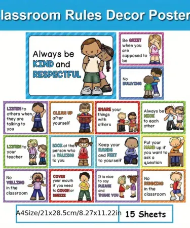 15 Pcs Educational Learning Cards & Classroom Rules Posters for Kids Montessori Kindergarten