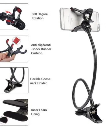 High quality 360° rotating flexible mobile phone stand with powerful grip, random colour, sold in Pakistan.