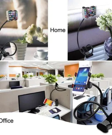 High quality 360° rotating flexible mobile phone stand with powerful grip, random colour, sold in Pakistan.