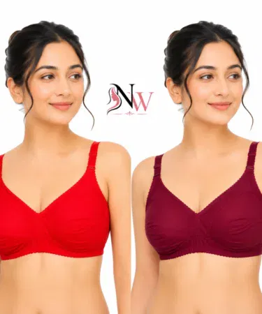 Pack of 2 women's soft cotton bras in red and maroon, non-padded, non-wired, sizes 32-42.