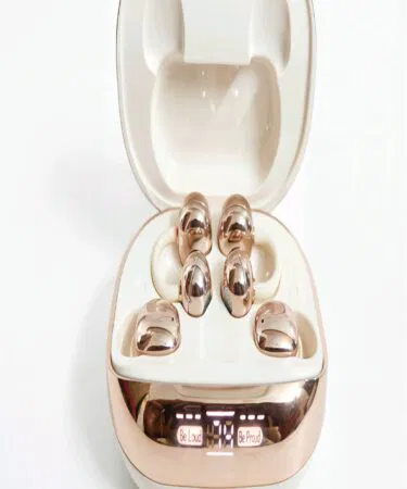 Rose gold wireless earbuds with charging case, pink and white, unisex, C-type connectivity, 100-hour playtime