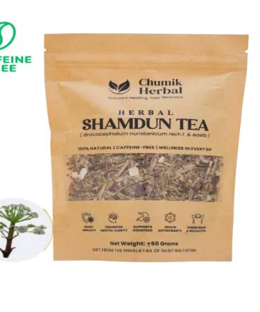 Chumik Shamdun Herbal Tea 50g pouch, loose leaf, organic, caffeine-free, from Gilgit Baltistan.